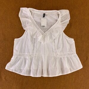 H&M Divided Womens Size Large White Ruffle-Trimmed Sleeveless Top NWT *Flaw